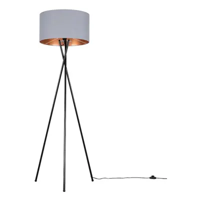 Modern Gloss Black Metal Tripod Floor Lamp with a Grey & Copper Cylinder Shade