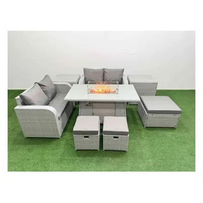 Fimous Seater Outdoor Love Sofa Set Rattan Garden Furniture Set with Firepit Dining Table Footst