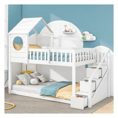 (White, Wood House) Bunk Bed 90*190 cm with Ladder and Storage Space