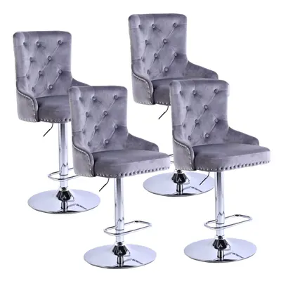 (Light Grey, Set of 4) Bar Stools with Adjustable Swivel Height Velvet Seat & Chromed Steel Fram