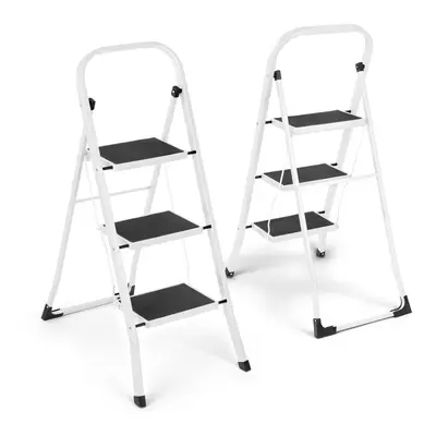 (White & Black) Step Ladder Portable Compact Folding Metal Non Slip Stool Heavy Duty Steel