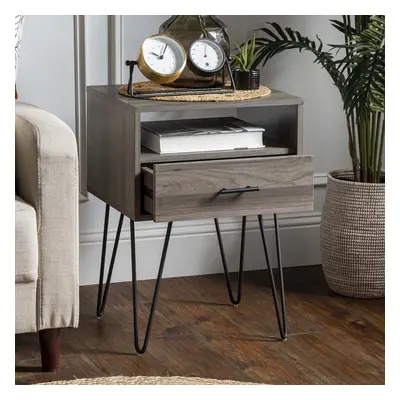 (Slate Grey) Single Drawer Hairpin Leg Side Bedside Wood Table