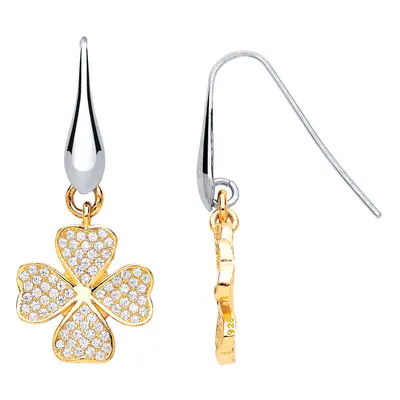 Jewelco London Ladies Gold-Plated Sterling Silver White cubic Zirconia Lucky Leaf Clover Drop Ea