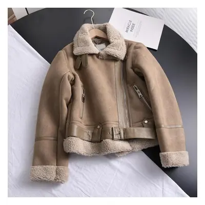 (brown, S) Winter Women Thick Warm Suede Jacket Short Motorcycle Brown Coats Faux Shearling Shee