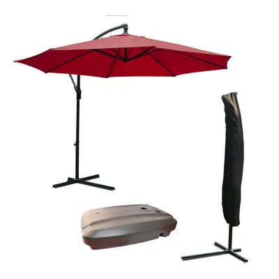 KCT 3.5m Large Burgundy Garden and Patio Cantilever Parasol with Protective Cover and Base