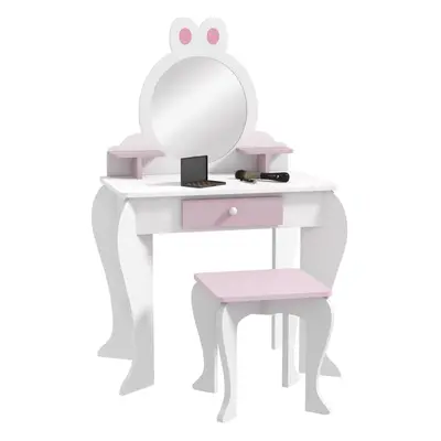 ZONEKIZ Kids Dressing Table with Mirror and Stool, Drawer, Storage Shelf - White