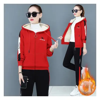 (red, XXXL) Large Size Women&apos;s Autumn And Winter Piece Set Tracksuit Loose Hooded Zipper Fl