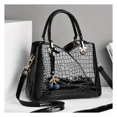 (Black) Classic Crocodile Embossed Tote Bag, All-Match Elegant Satchel Bag With Cherry Pendant