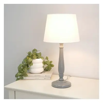 ValueLights Victoria White Tapered Shade Grey Wood Stem Table Lamp