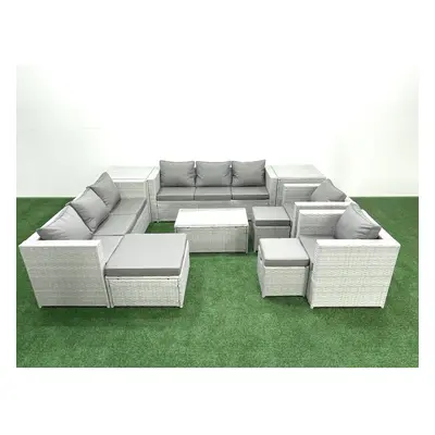 Fimous Outdoor Rattan Sofa Garden Furniture Set with Armchairs Oblong Coffee Table Footstools Si