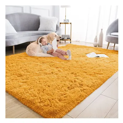 (160 x cm (5ft 3in x 7ft 6in), Ochre Yellow) Xtra Large Area Rugs Nonslip Soft Shaggy Fluffy Rug