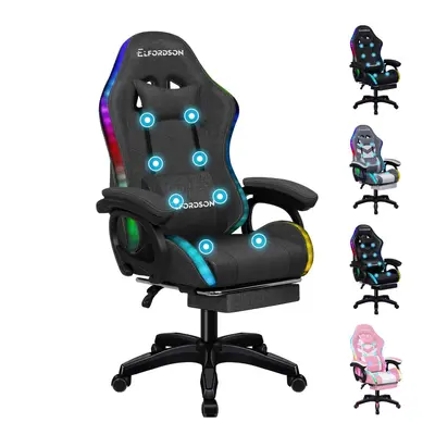 (Fabric Dark Grey) ELFORDSON Gaming Office Chair RGB LED Massage Footrest