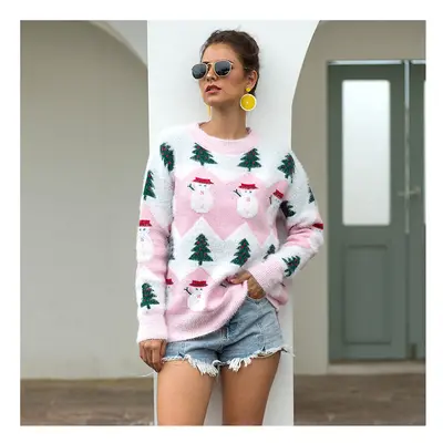 (Pink, M) Christmas sweater Christmas tree snowman pullover sweater women Pink