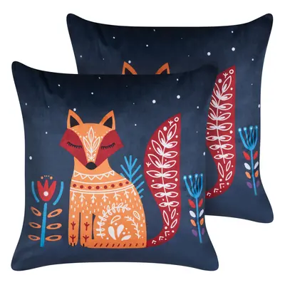 Set of Velvet Kids Cushions Fox Motif x cm Dark Blue FIRESPIKE