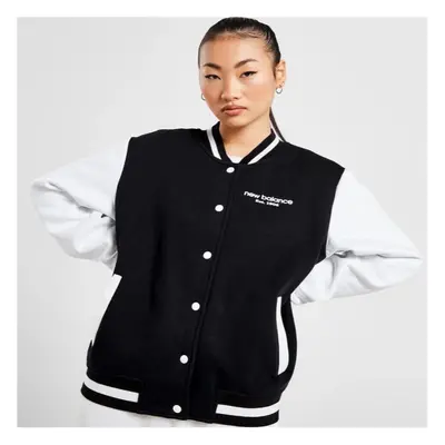 (NBWomens Bomber Jacket Black S) New Balance Womens Varsity Jacket Fleece Contrast Girls Bomber 