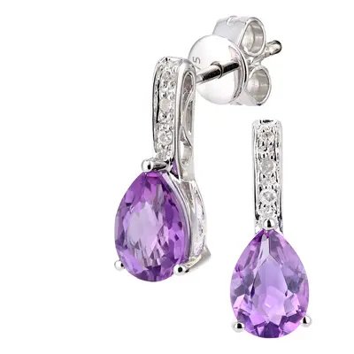 Jewelco London 9ct White Gold Round 3pts Diamond Pear 0.7ct Amethyst Teardrop Drop Earrings - DE