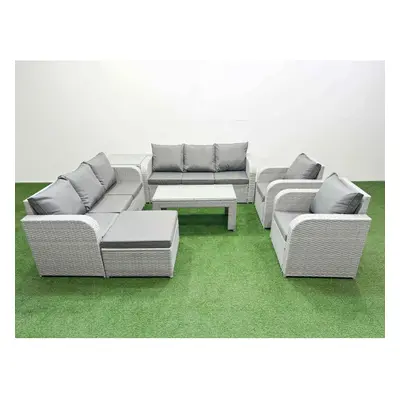 Fimous PE Rattan High Back Lounge Sofa Set Patio Oblong Coffee Table & Chairs Set with Big Foots