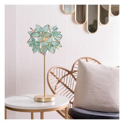 Gold Stem Table Lamp with Aqua Glass Flower Pendant