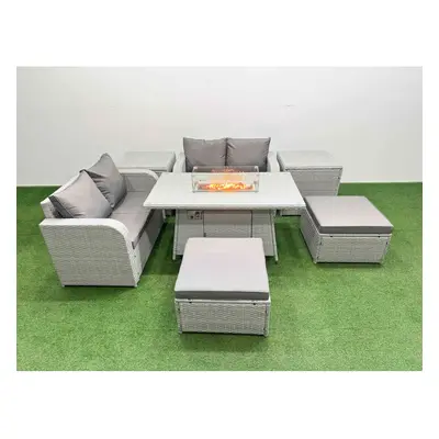 Fimous Seater Outdoor Love Sofa Set Rattan Garden Furniture Set with Firepit Dining Table Footst