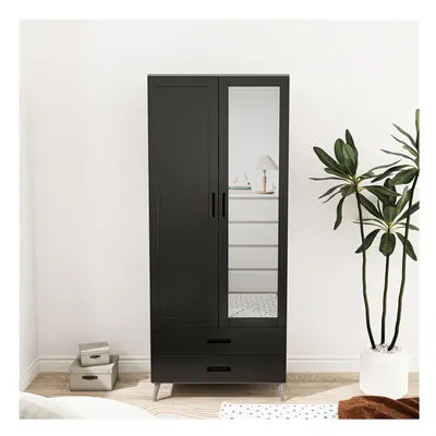 (Grey Black ) 180cm Mirror Wardrobe Door Drawer Bedroom Clothes Storage Hanging Rail