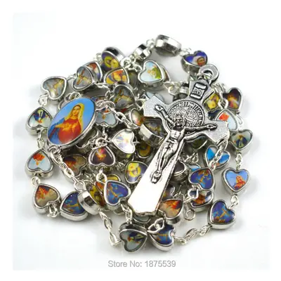 Mix Picture Catholic Figures Alloy Catholic Rosary Necklace Heart Shape Beads