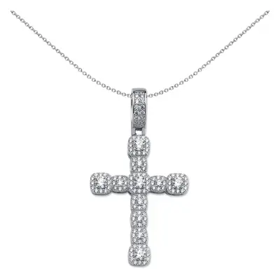 Jewelco London Rhodium Plated Sterling Silver Cubic Zirconia Art Deco Blocky Halo Cross Pendant 