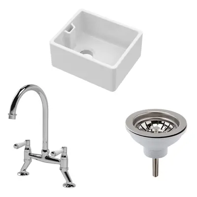 Fireclay Kitchen Bundle - Compact Single Bowl Belfast Sink, Strainer Waste & Bridge Mixer Tap, 4