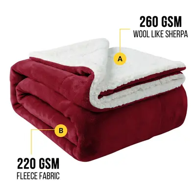 (BURGUNDY, KING) Sherpa Throw Fleece Blankets Soft Fluffy Warm Cozy