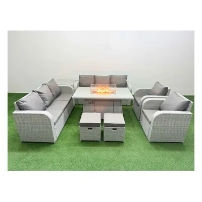 Fimous PE Rattan Set Patio Firepit Dining Table & Chairs Set with Seater Sofa Reclining Chair St