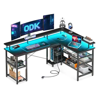 ODK Shaped Gaming Desk with Power Outlet and LED Lights, PC Gaming