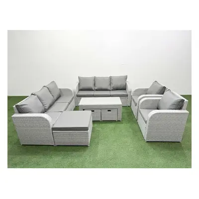 Fimous PE Rattan High Back Lounge Sofa Set Patio Oblong Coffee Table & Chairs Set with Stools Li