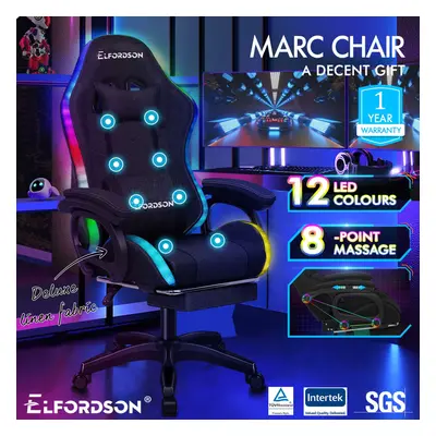 ELFORDSON Gaming Office Chair RGB LED Massage Footrest Fabric Black