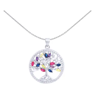 Jewelco London Rhodium Silver Rainbow Marquise CZ Circle Tree of Life Charm Pendant - APD225