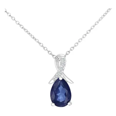 Jewelco London 9ct White Gold Round 2pts Diamond Pear 0.94ct Sapphire Kiss Crossover Pendant Nec