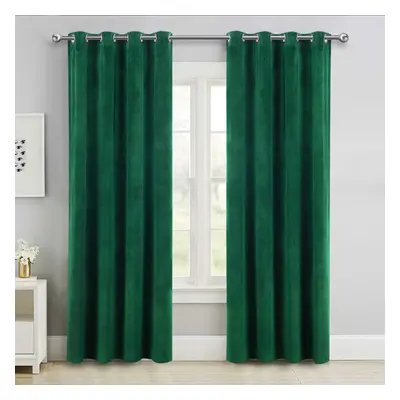 (Green, 66" x 72" (167cm x 183cm)) Thick Velvet Curtains Pair Thermal Eyelet Ring Top