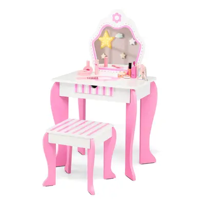 2-in-1 Kids Vanity Makeup Dressing Table&Chair Set W/ Mirror & Drawers