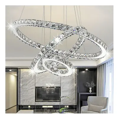 (Cool White, 30+50+70cm) Adjustable LED Crystal Pendant Light Ring Chandelier Ceiling Lamp