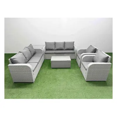 Fimous PE Rattan High Back Lounge Sofa Set Patio Coffee Table & Chairs Set with Seater Sofa Recl