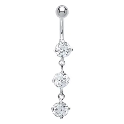 Jewelco London Sterling Silver Cubic Zirconia Trilogy with Stainless Steel Belly Bar & Ball - GB