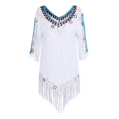 (White) Tassel 3D Hook Flower Beach Sun Protection Cover-Ups