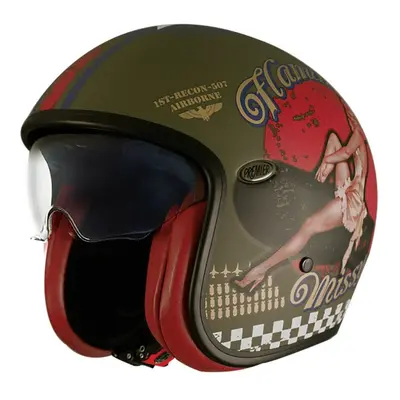 (L) Premier Vintage Pin Up Open Face Helmet Matt Olive / Red