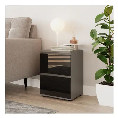 (Grey & Black) High Gloss Drawer Skagen Wooden Bedside Cabinet No Handle Drawer Storage