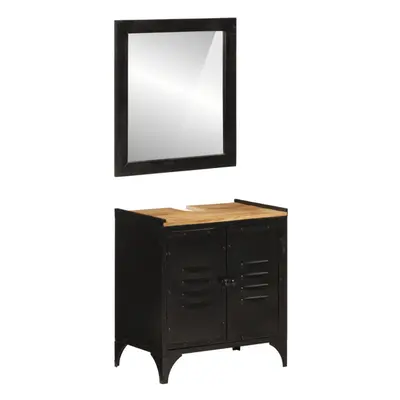 (black) vidaXL Bathroom Furniture Set Piece Sink Cabinet Iron and Solid Wood Mango