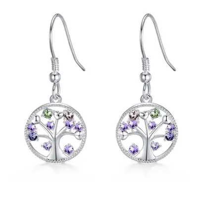 Silver Plated Chakra Tree of Life Drop Earrings Created with Crystals from Swarovski