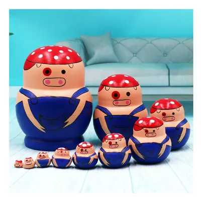 (Pig) 10Pcs/Set Cute Cartoon Russian Nesting Dolls Wooden Handmade Toy