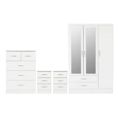 Nevada Piece White Gloss Bedroom Set - Door Drawer Mirrored Wardrobe, Drawer Chest & x Drawer Be