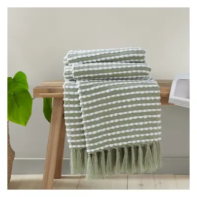 (Sage Green) Catherine Lansfield Stab Stitch Textured Tasselled Throw