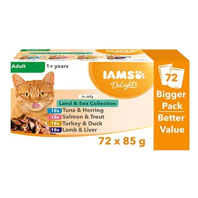 IAMS Delights Complete Wet Cat Food for Adult 1+ Cats Meat and Fish Variety in Jelly Multipack x