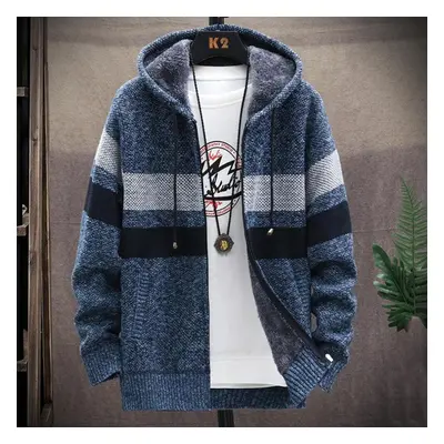 (blue, L) Cardigan Men Sweaters Coats Winter Fleece Knitted Sweater Jacket Warm Zipper Wool Hood