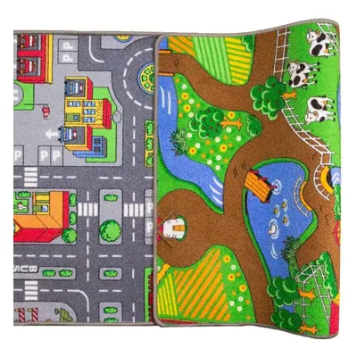 Children's Double Sided Play Village Farm Mat Town City Car Roads Rug 80cm x 150cm (2'7" x 4'11"